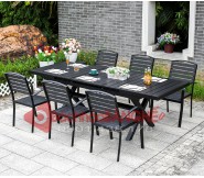 Bộ bàn ăn sân vườn ngoài trời bàn rút 1m8 2m4 6 ghế khung nhôm gỗ nhựa màu đen 270