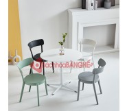 Bộ bàn tròn mặt gỗ mdf chân trụ thép ghế nhựa cafe 294