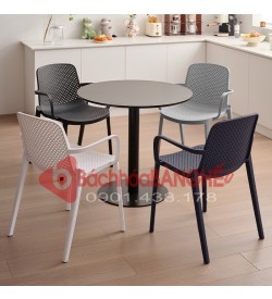Bộ bàn ghế cafe bàn tròn mặt gỗ chân sắt ghế nhựa đúc 308