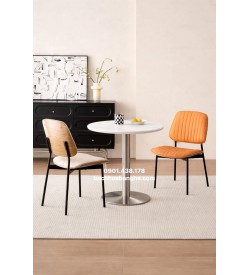 Bộ bàn ghế cafe tiếp khách cửa hàng chân inox ghế da lưng ốp gỗ