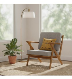 Ghế sofa đơn bọc vải xám khung gỗ tự nhiên