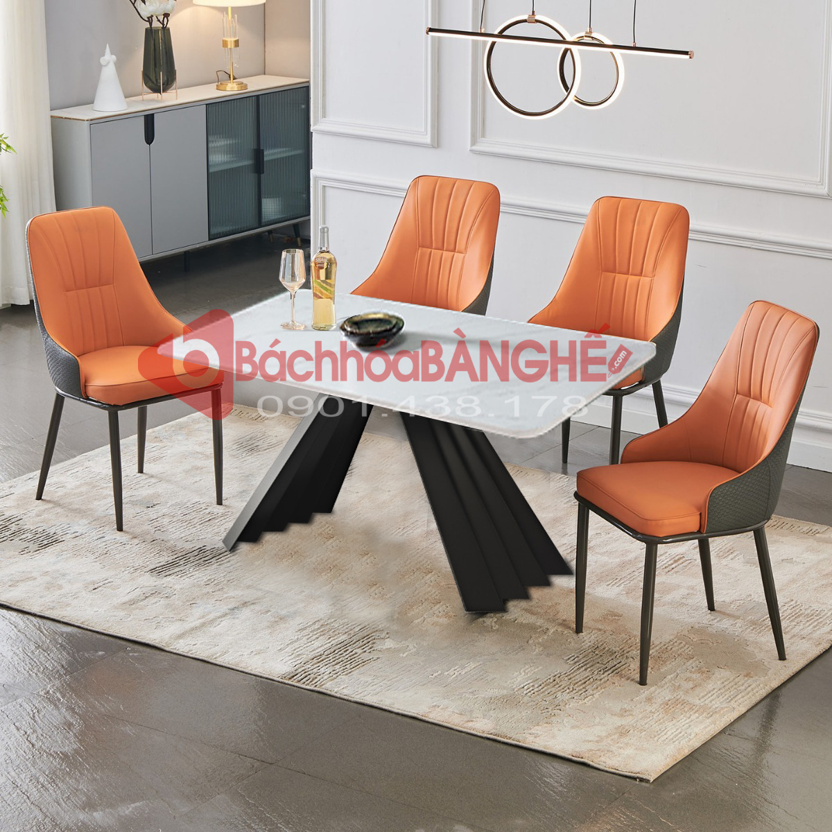 Bộ bàn ăn mặt đá chân sắt 4 ghế da màu cam hiện đại 286