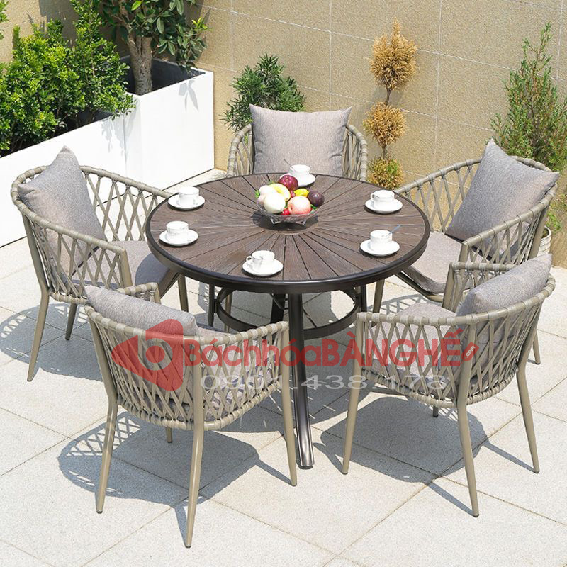 Bộ bàn ghế cafe sân vườn bàn khung nhôm mặt nan gỗ D100cm ghế nhôm đan dây dù 305