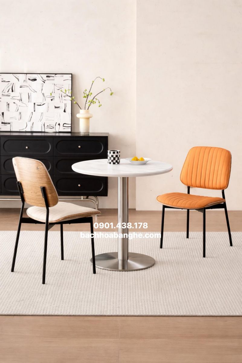 Bộ bàn ghế cafe tiếp khách cửa hàng chân inox ghế da lưng ốp gỗ