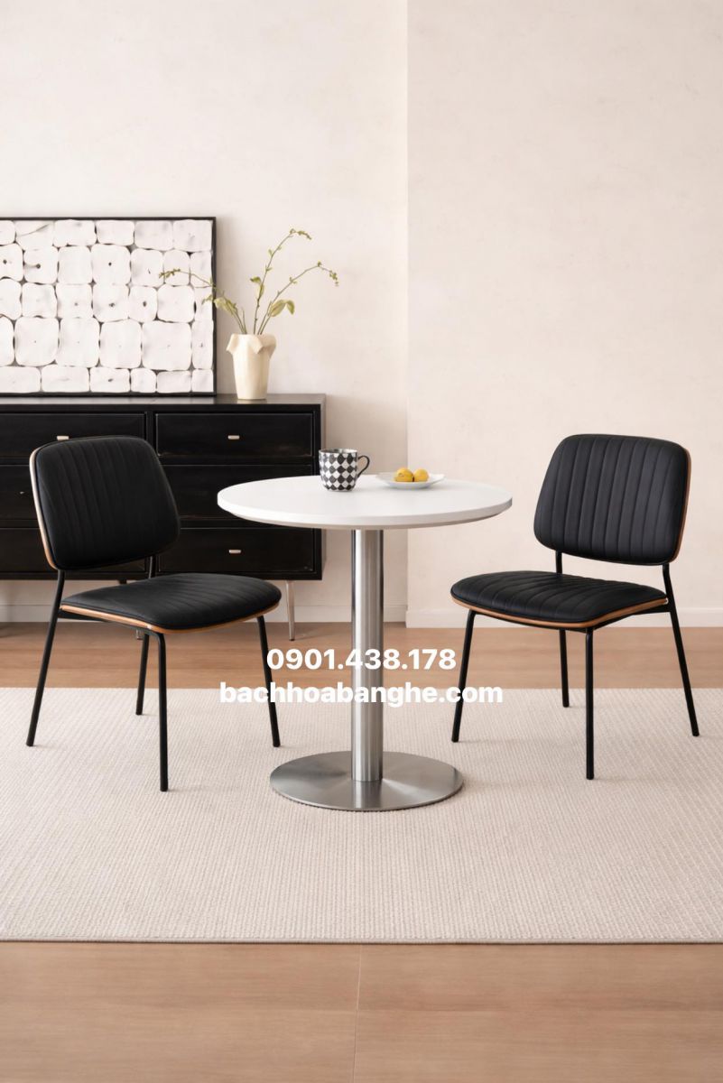 Bộ bàn ghế cafe tiếp khách cửa hàng chân inox ghế da lưng ốp gỗ