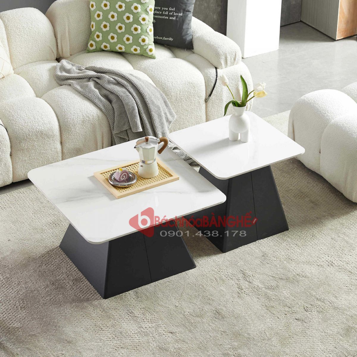 Bộ bàn đôi sofa mặt đá ceramic vuông 70 và 50 màu trắng hiện đại cho căn hộ, nhà phố, cửa hàng, văn phòng