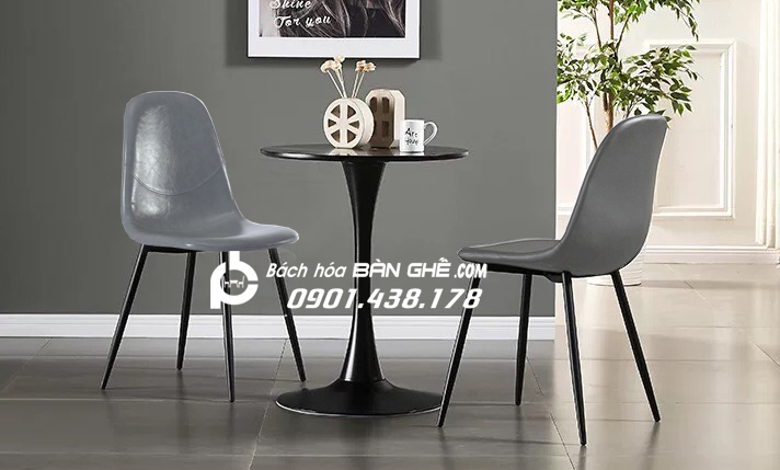 Set bàn tròn tulip màu đen ghế da màu xám thanh lịch tiếp khách văn phòng, cửa hàng