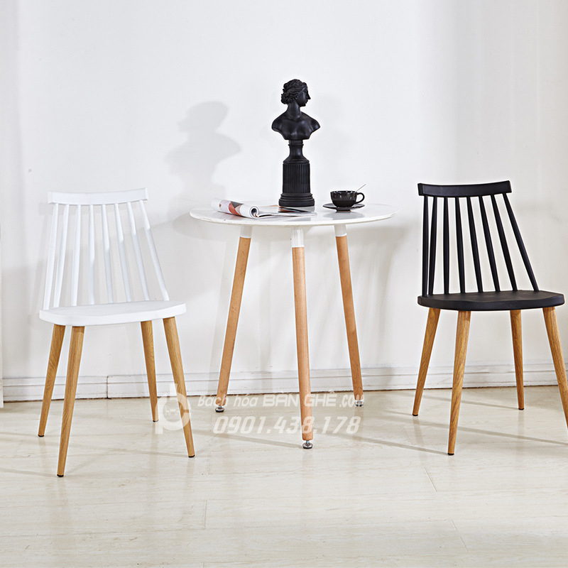 Bộ bàn ghế cafe trà sữa mặt nhựa chân sắt sơn giả gỗ màu trắng