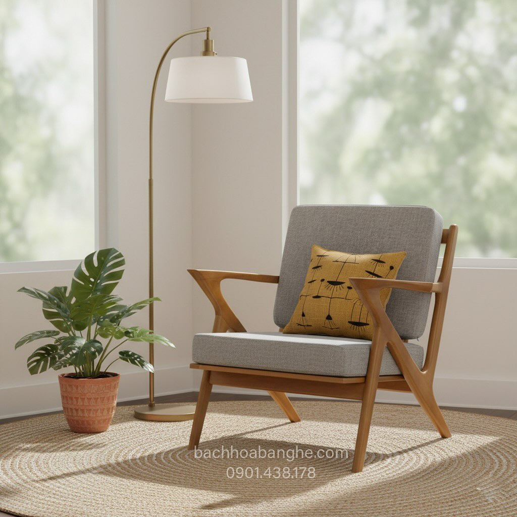 Ghế sofa đơn bọc vải xám khung gỗ tự nhiên