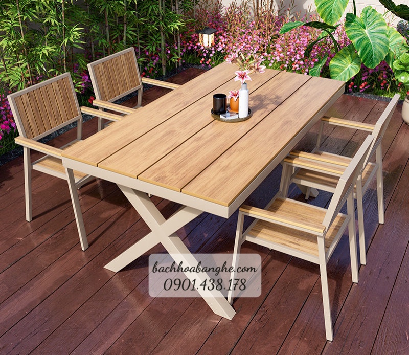 Bàn ăn bàn cafe chân X nhôm đúc gỗ nhựa polywood BSV28