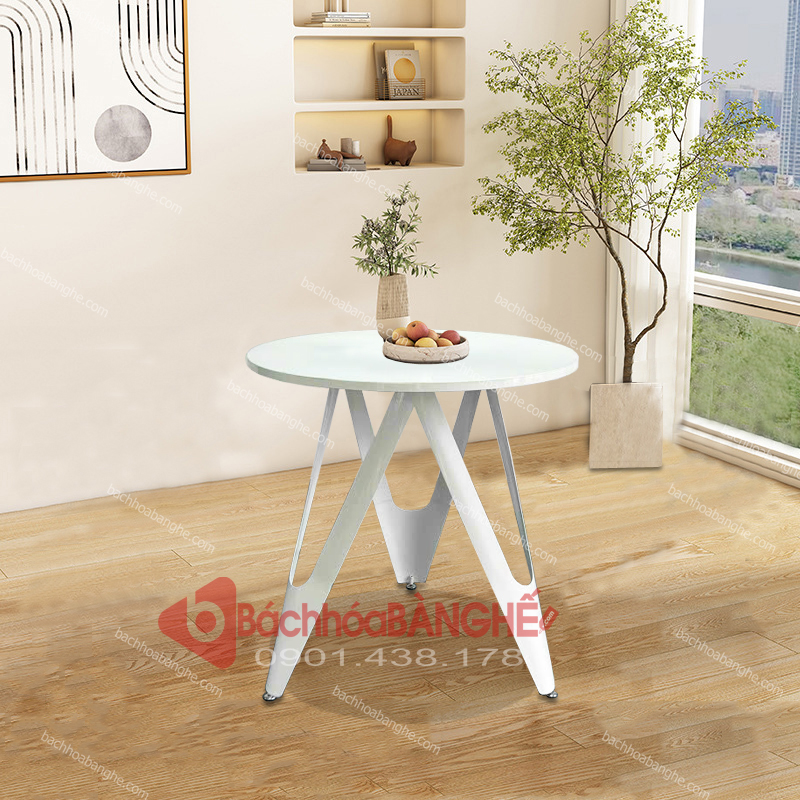 Bàn tròn cafe decor mặt MDF và kính cường lực chân thép D800 màu trắng BM22