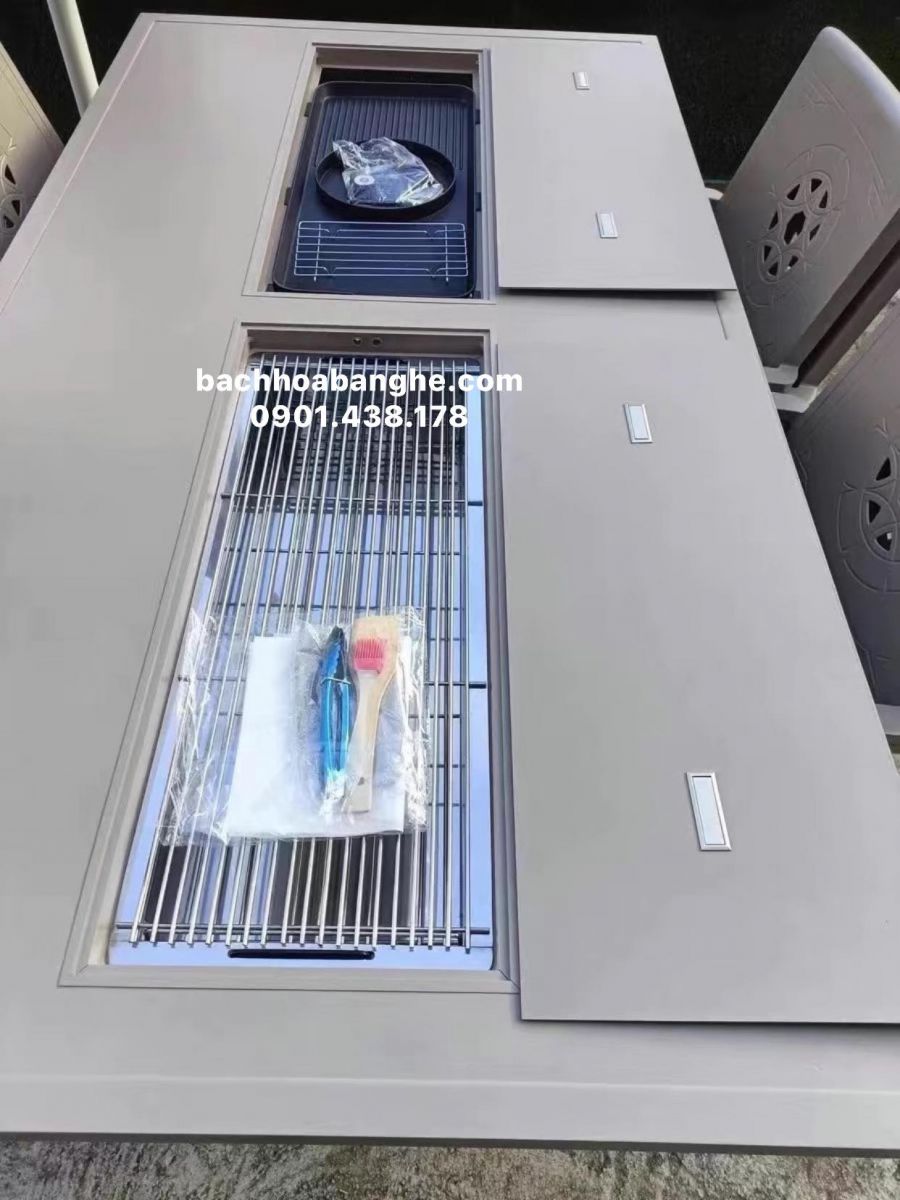 Bàn ăn bbq nhôm đúc sân vườn hai bếp 2m3x1m2 màu xám sampanh