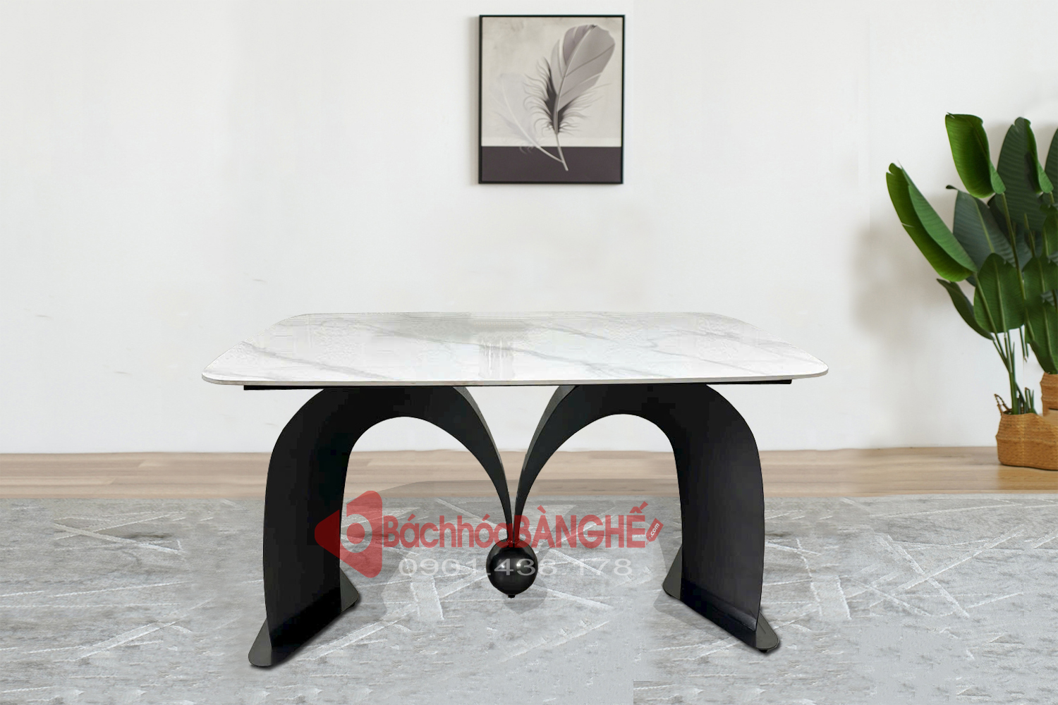 Bàn ăn mặt đá ceramic chân thép chữ M với bi tròn decor BAD32