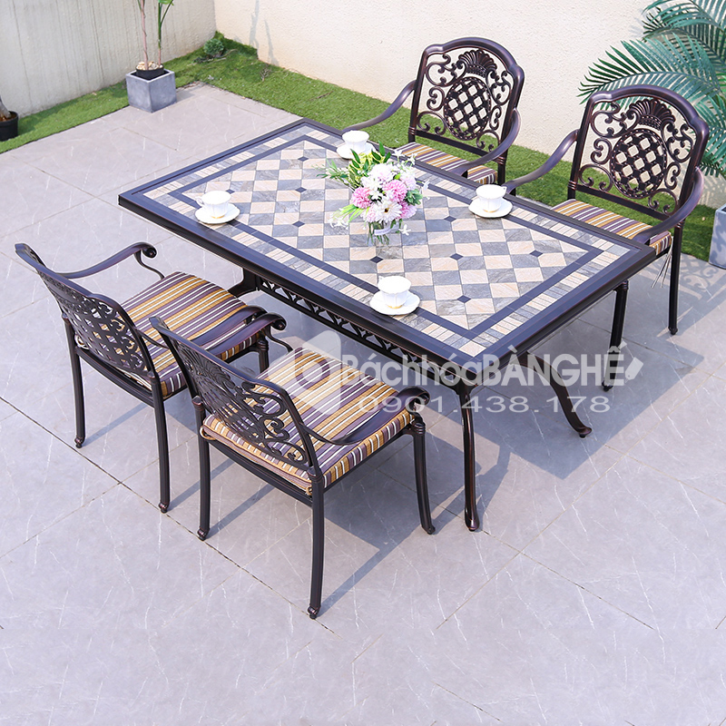 Bàn ăn sân vườn ngoài trời nhôm đúc mặt đá dài 1m62 BSV25