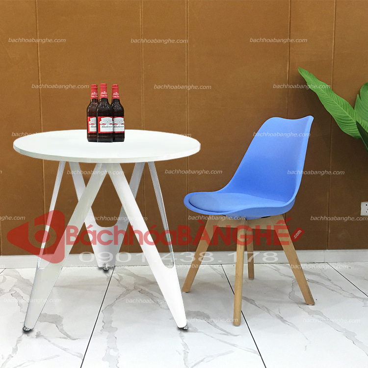 Bàn tròn cafe decor mặt MDF và kính cường lực chân thép D800 màu trắng BM22