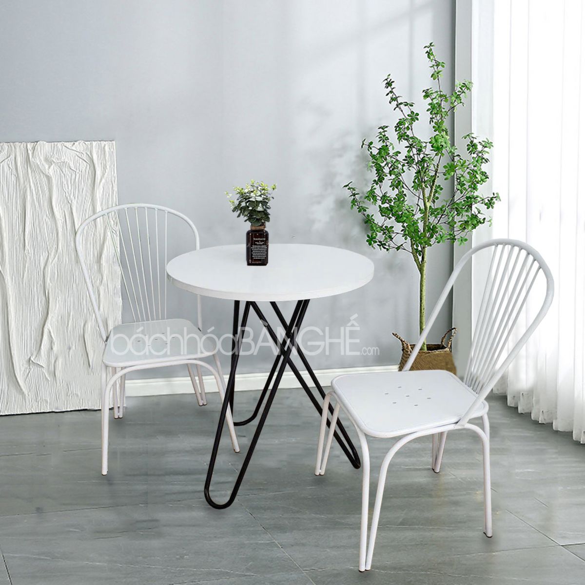 Bộ bàn ghế cafe trà sữa ghế sắt màu trắng 199