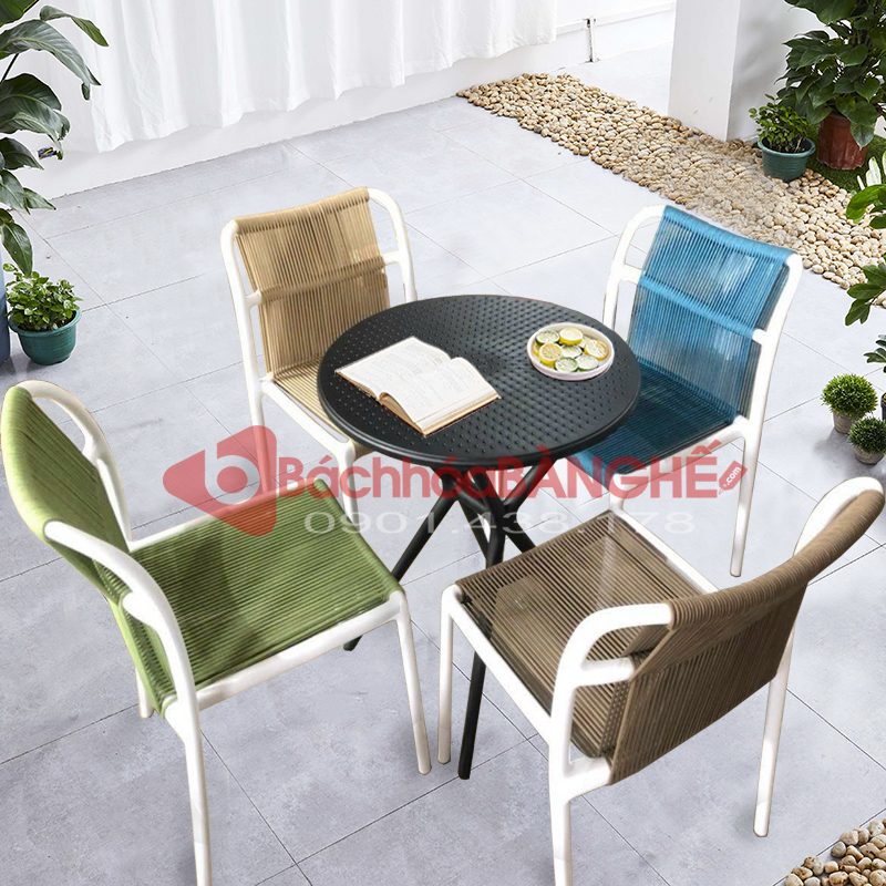 Bộ bàn ghế cafe sân vườn ban công sân thượng bàn nhựa ghế nhựa đan dây 269