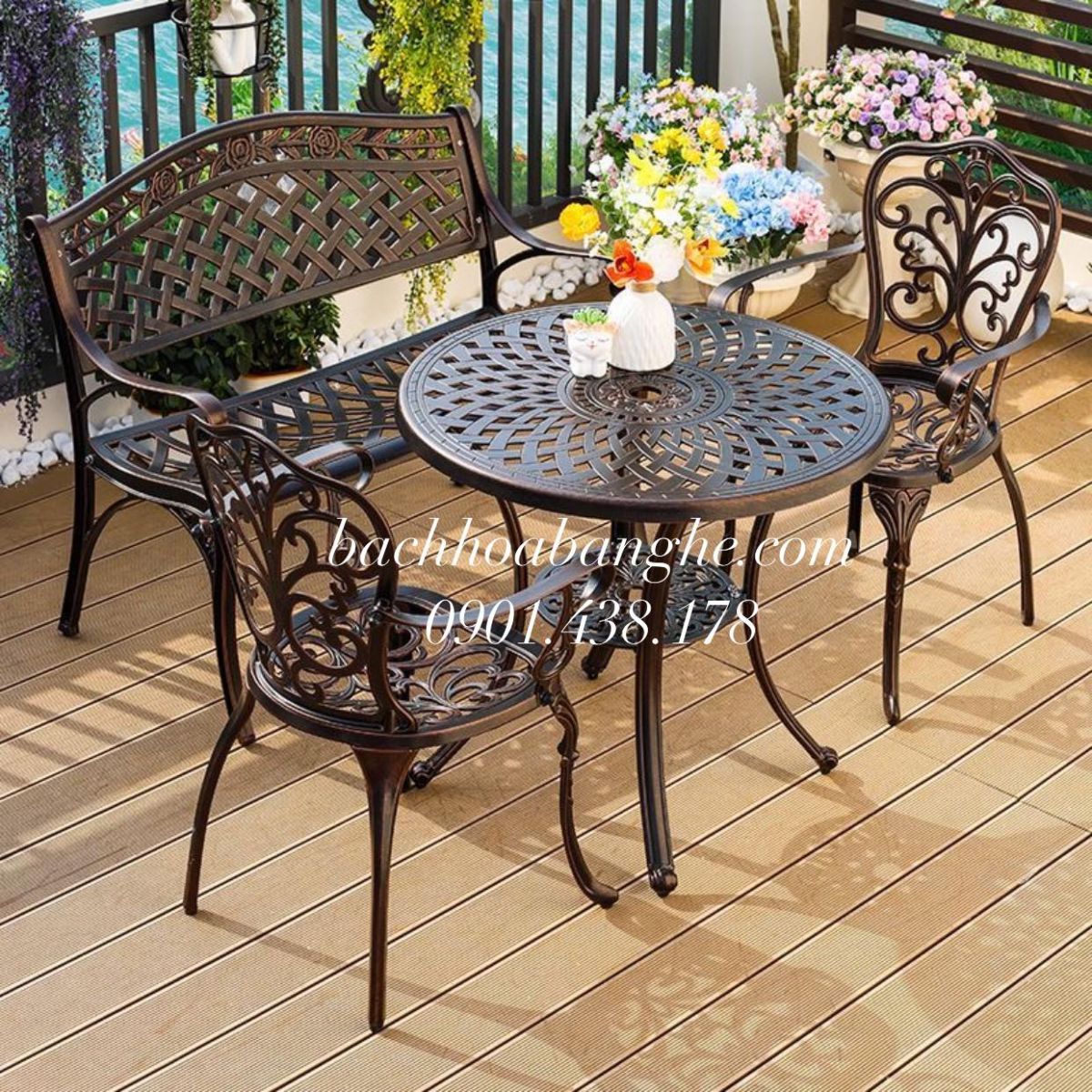 Bộ bàn ghế cafe sân vườn sân thượng hồ bơi nhôm đúc bàn tròn D78cm 290