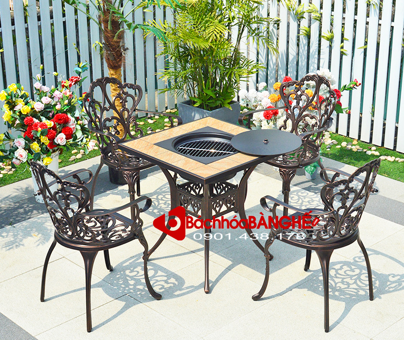 Bộ bàn vuông nhôm đúc có bếp nướng than sân vườn ngoài trời 193