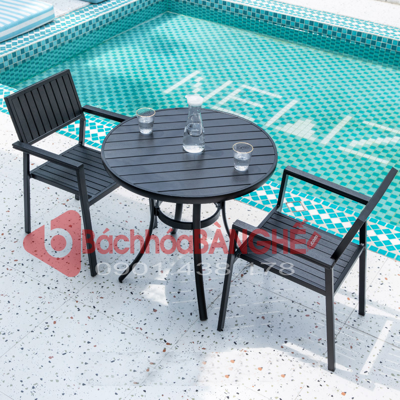 Bộ bàn ghế cafe sân vườn ngoài trời ban công sân thượng khung nhôm ốp nan gỗ nhựa polywood 274
