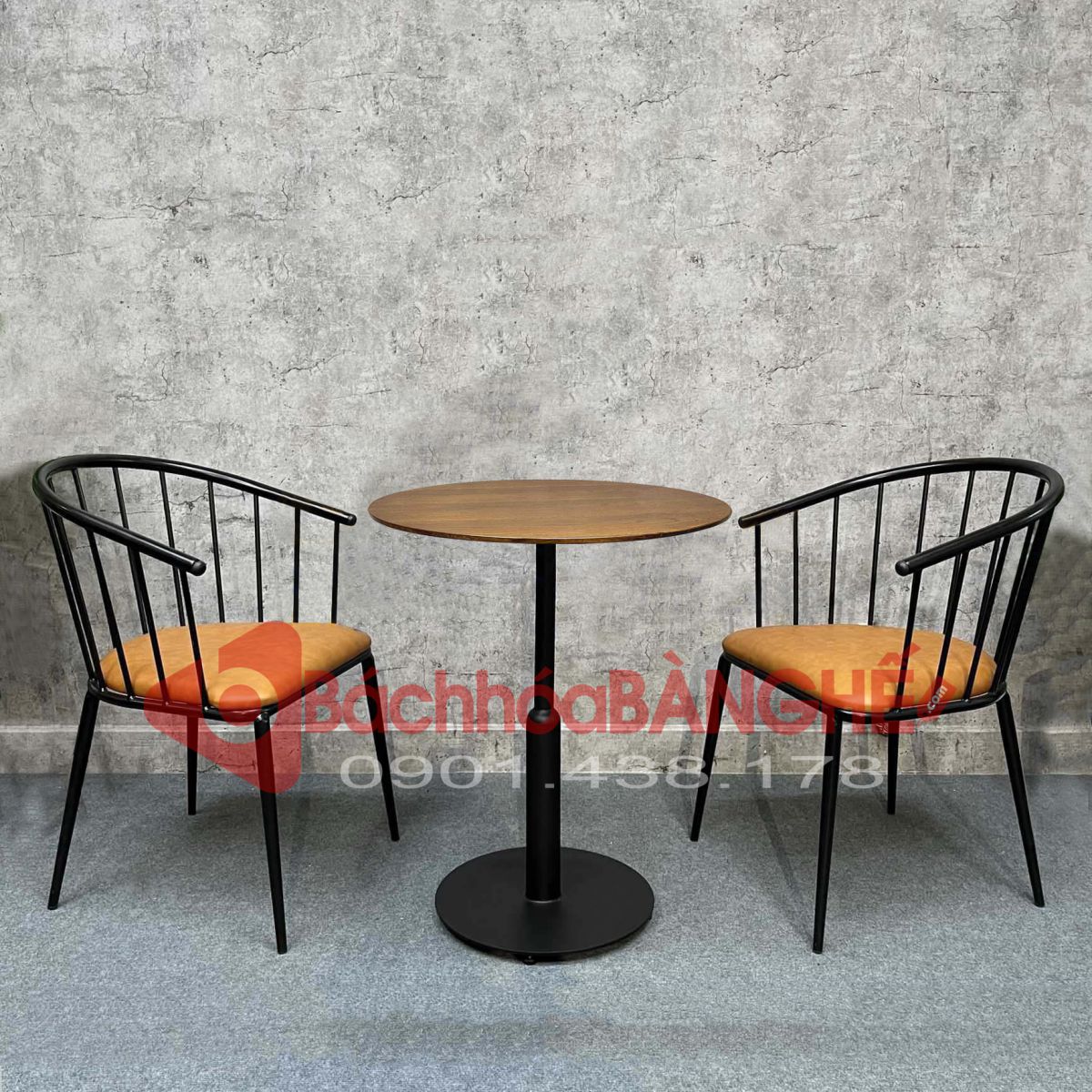 Bộ bàn ghế quán cafe bàn gỗ cao su chân sắt ghế sắt nệm 246