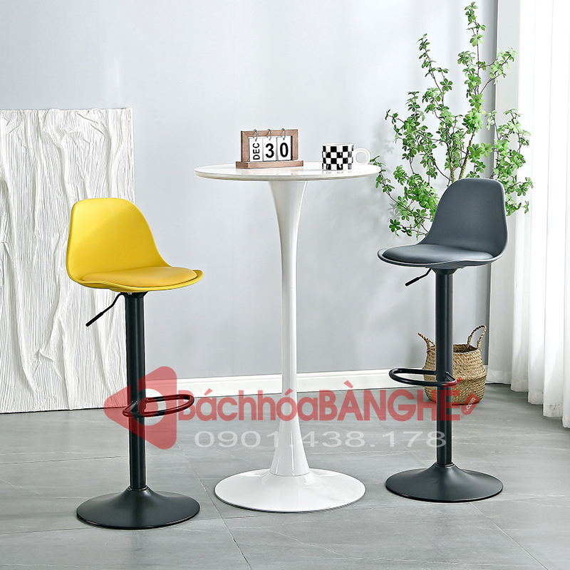 Bộ bàn ghế quầy bar bàn tròn ghế nâng hạ mặt ngồi nhựa chân đen cafe, tiếp khách 160