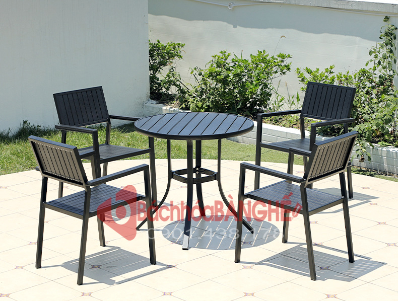 Bộ bàn ghế cafe sân vườn ngoài trời ban công sân thượng khung nhôm ốp nan gỗ nhựa polywood 274