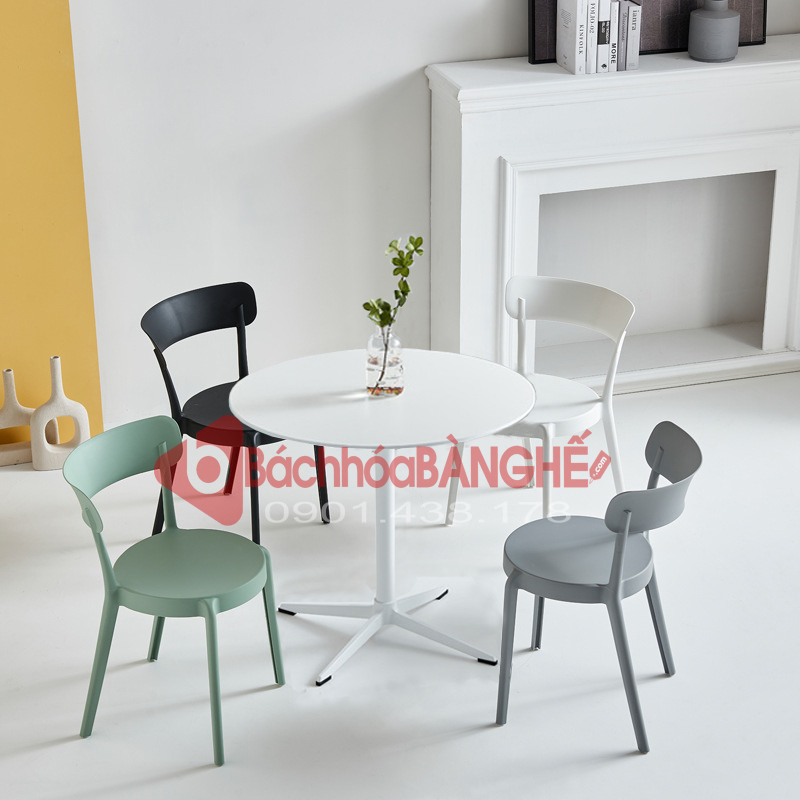 Bộ bàn tròn mặt gỗ mdf chân trụ thép ghế nhựa cafe tiếp khách cửa hàng, văn phòng 294
