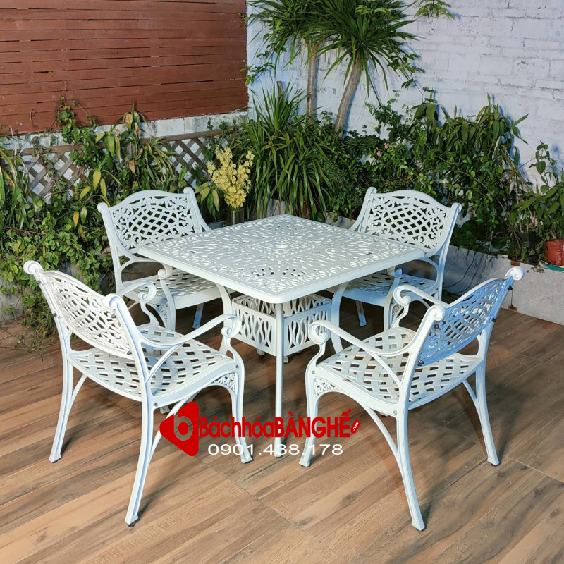 Bộ bàn vuông cafe sân vườn ngoài trời nhôm đúc màu trắng 187